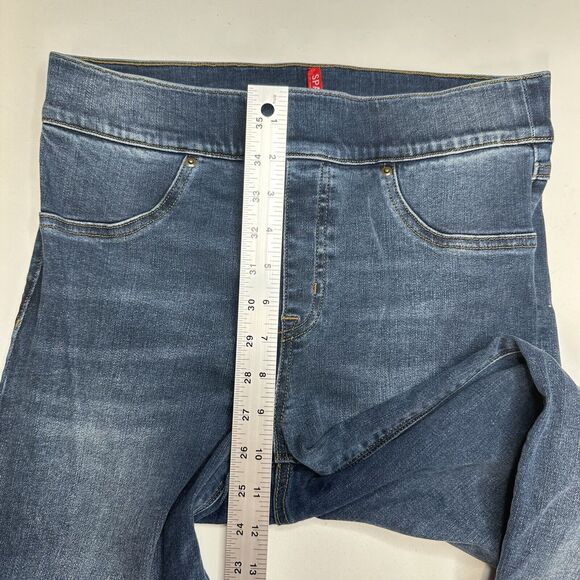 Spanx Jeans Women Medium Ankle Skinny Blue Pull On Stretch Denim Distressed Fray - Picture 8 of 14